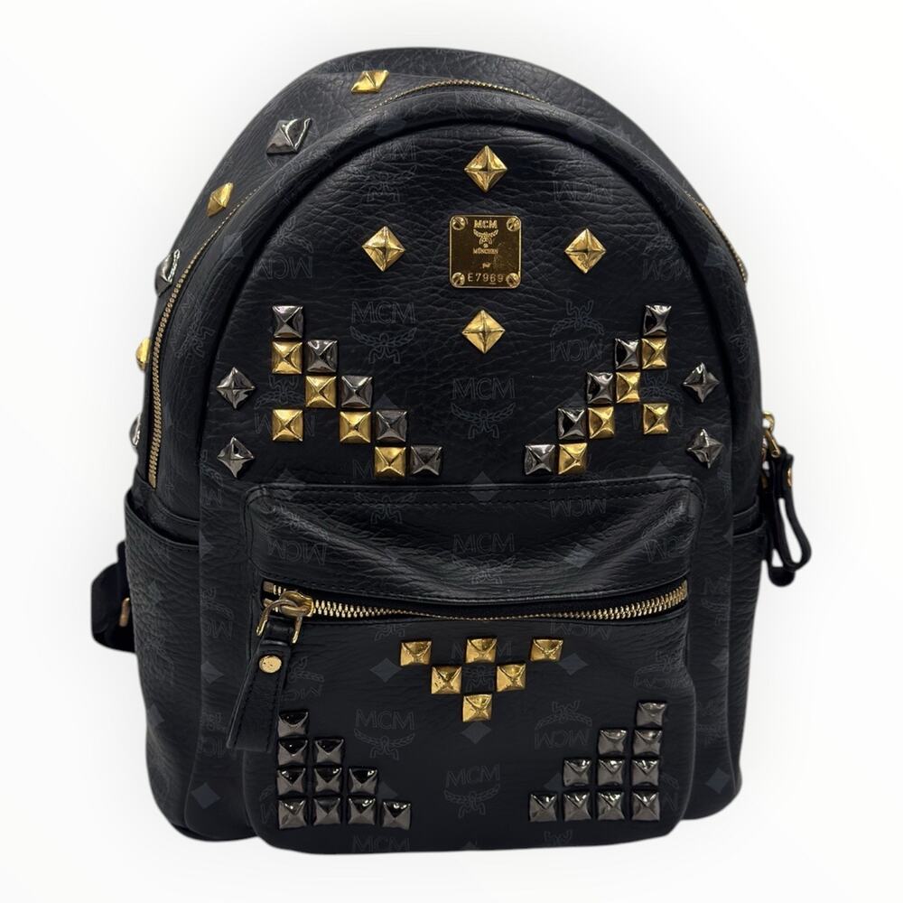 MCM Stark Small Backpack Black Visetos Gold Silver Studded Authentic W/ Coa